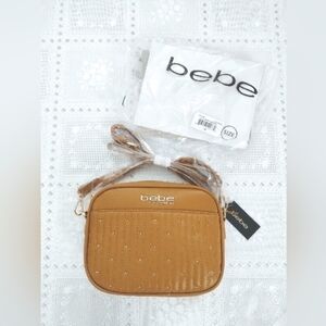 Bebe Women's Aliah Camera Crossbody Bag Gold Accents Mustard Beige New $78